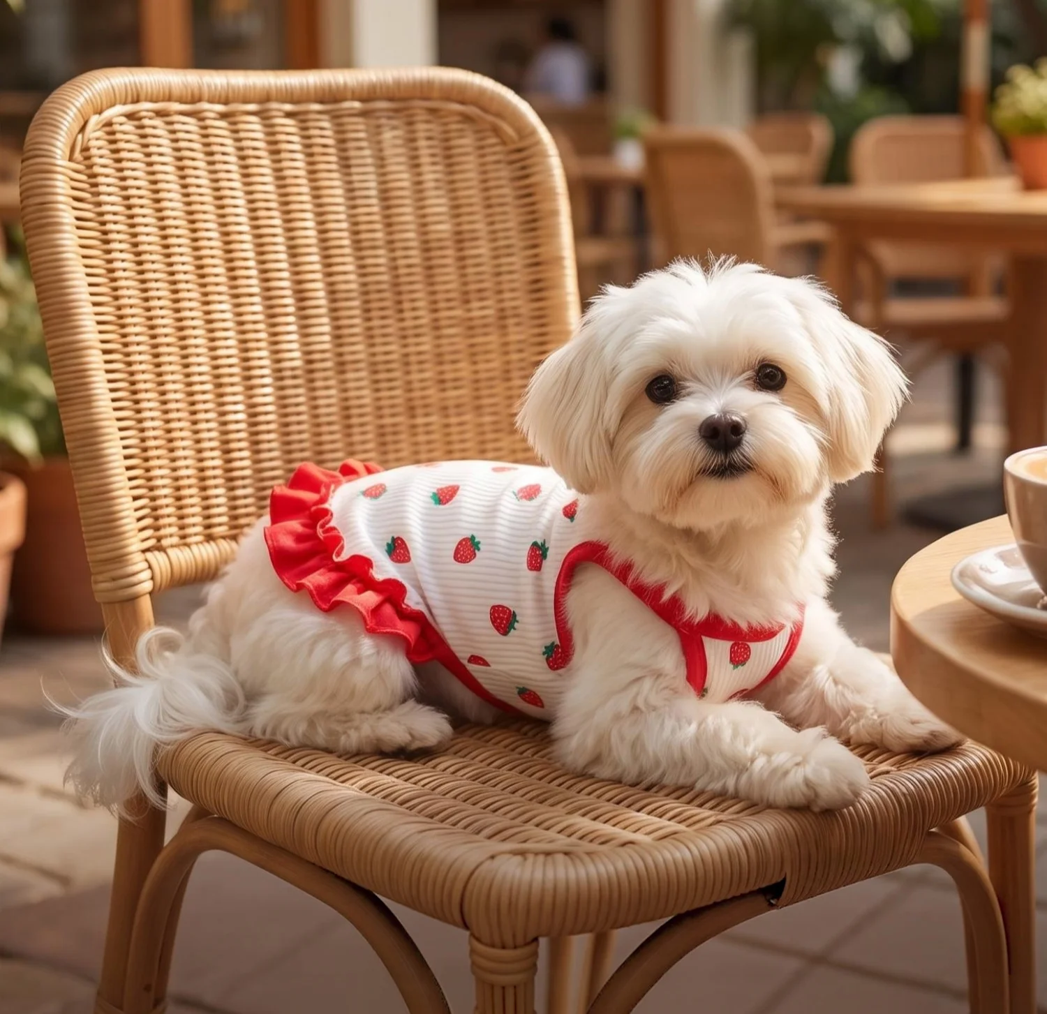 Cute Strawberry Print Pet Vest Summer Breathable Dog Suspender Sling with Red Ruffle Hem Soft Elastic Small Dog Cat Clothes