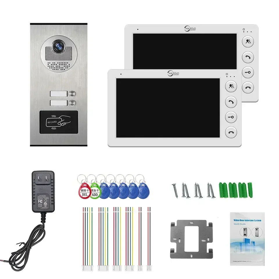 Anjielo 2/3/4 หน่วย Multi Apartments Intercom Video Doorbell พร้อม RFID ปลดล็อคการ์ด 7 นิ้ว 4 สายโทรศัพท์ประตูวิดีโอระบบ
