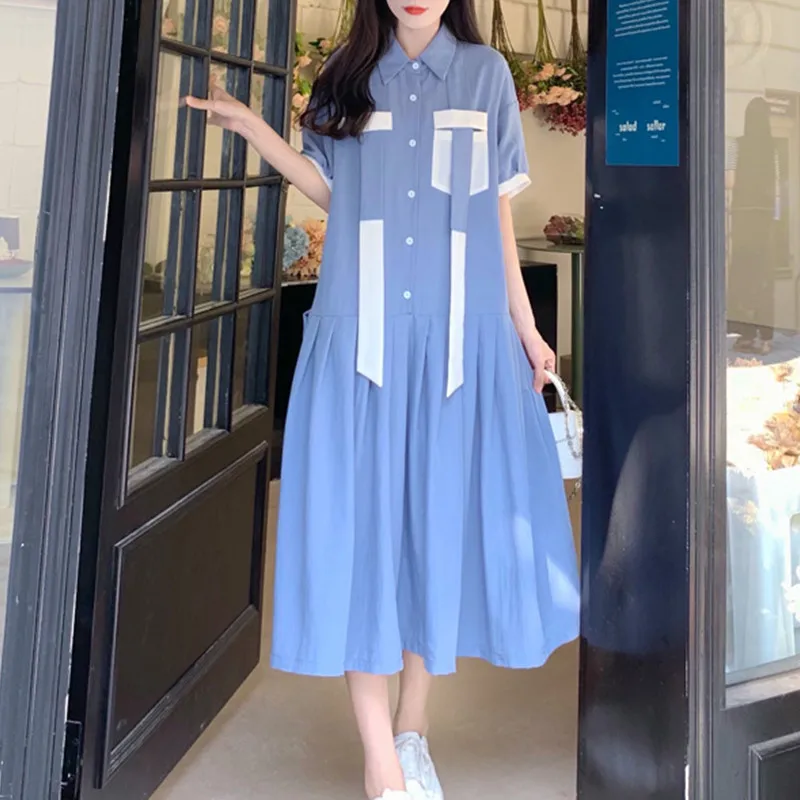 

2022 Eegant Loose Thin Blue Shirt Dress For Women's Clothing Summer Large Size Stitching Contrast Color Pleated Dress BD357