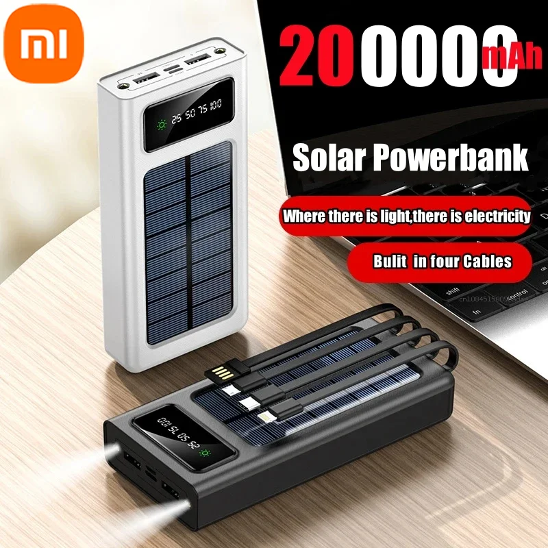 Xiaomi Solar Power Bank 200000mah High Capaity Built 4 Cables Portable Super Fast Charging Powerbank For Iphone Xiaomi Samsung