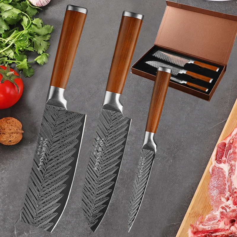 

3pcs Kitchen Knives Set Japanese Kitchen Chef Knife Damascus Laser Pattern Household Meat Cleaver Vegetable Slicing Fruit Knife