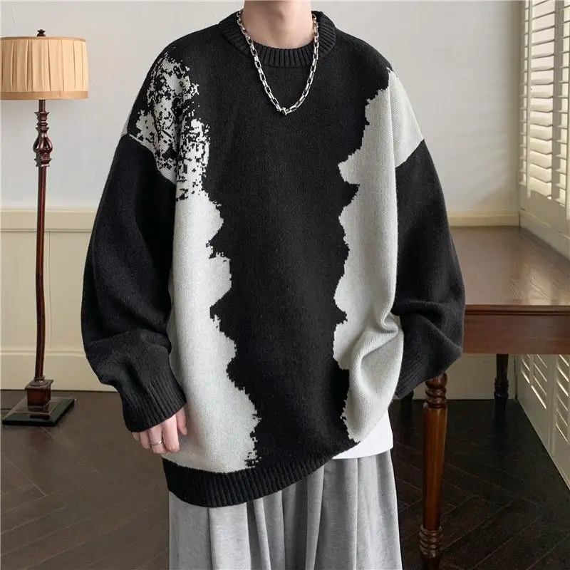 

2024 Autumn Winter Spliced Pullovers Knitted Stylish Contrasting Colors Men's Clothing O-Neck Loose Vintage Long Sleeve Sweaters