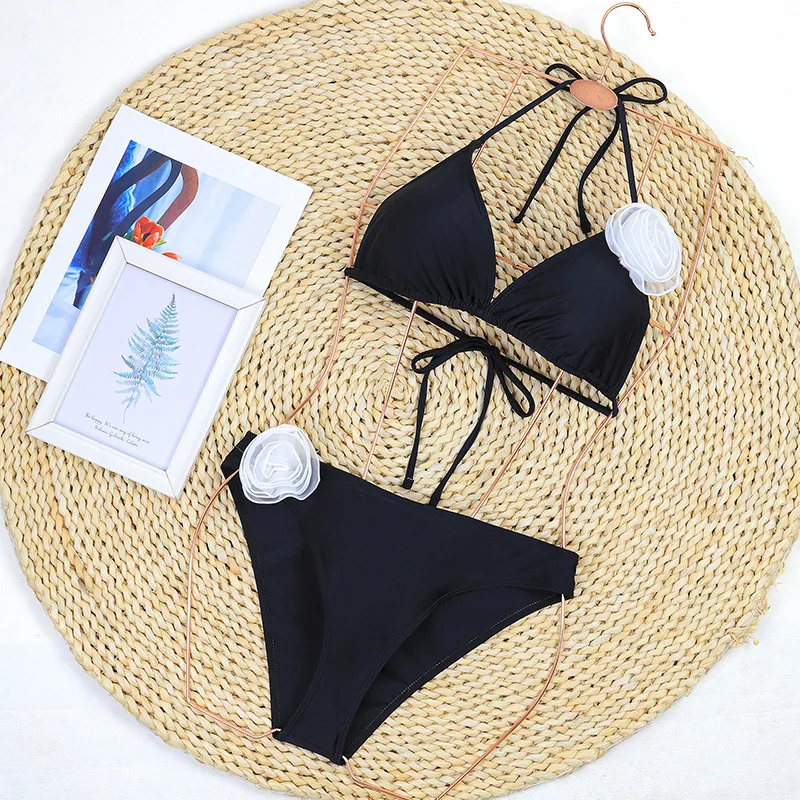 2025 New Sexy Halter Bikini Set Blue Denim Color 3D Flower Thong Swimwear Women Split Bathing Suit Off Shoulder Women's Swimsuit