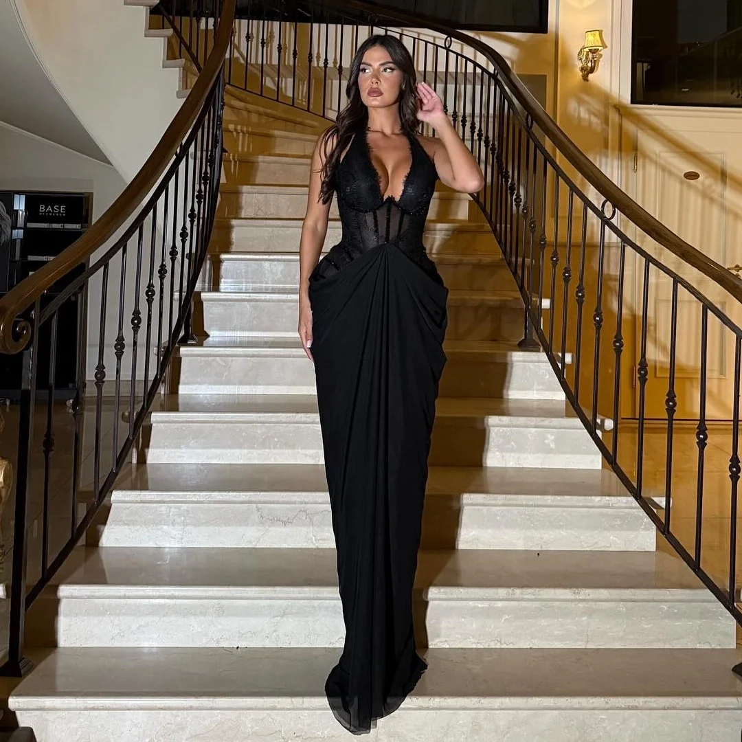 

Черные кружевные вечерние платья, женский корсет с бретелькой на шее, свадебное платье, длинное платье для выпускного вечера по индивидуальному заказу, плиссированное платье поверх юбки, Vestidos