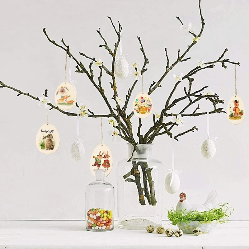 30-80mm Wooden Easter Eggs Pendants Blank Bunny Eggs Wood Chips Happy Easter Party Hanging Decoration Kids DIY Painting Crafts