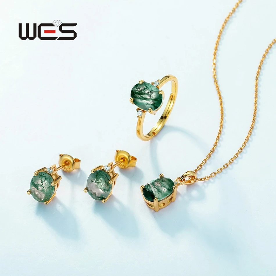 

WES 925 Sterling Silver Fashion Jewelry Set for Women Natural Gemstone 7*9mm Moss Agate Wholedsale Holiday Gifts Gold Plated