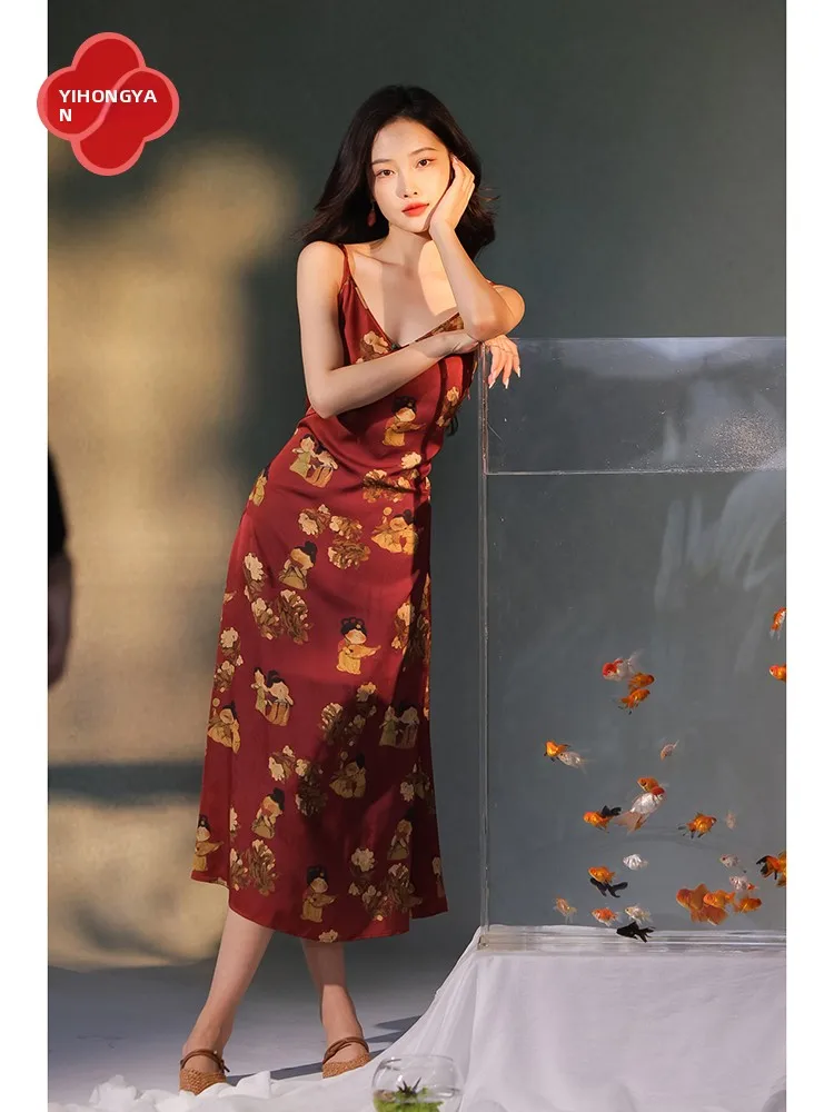 

Новое женское платье в китайском стиле Ханьфу с бретельками, красное, летнее, 2026, из полиэстера, в стиле Тан, для женщин с низким ростом