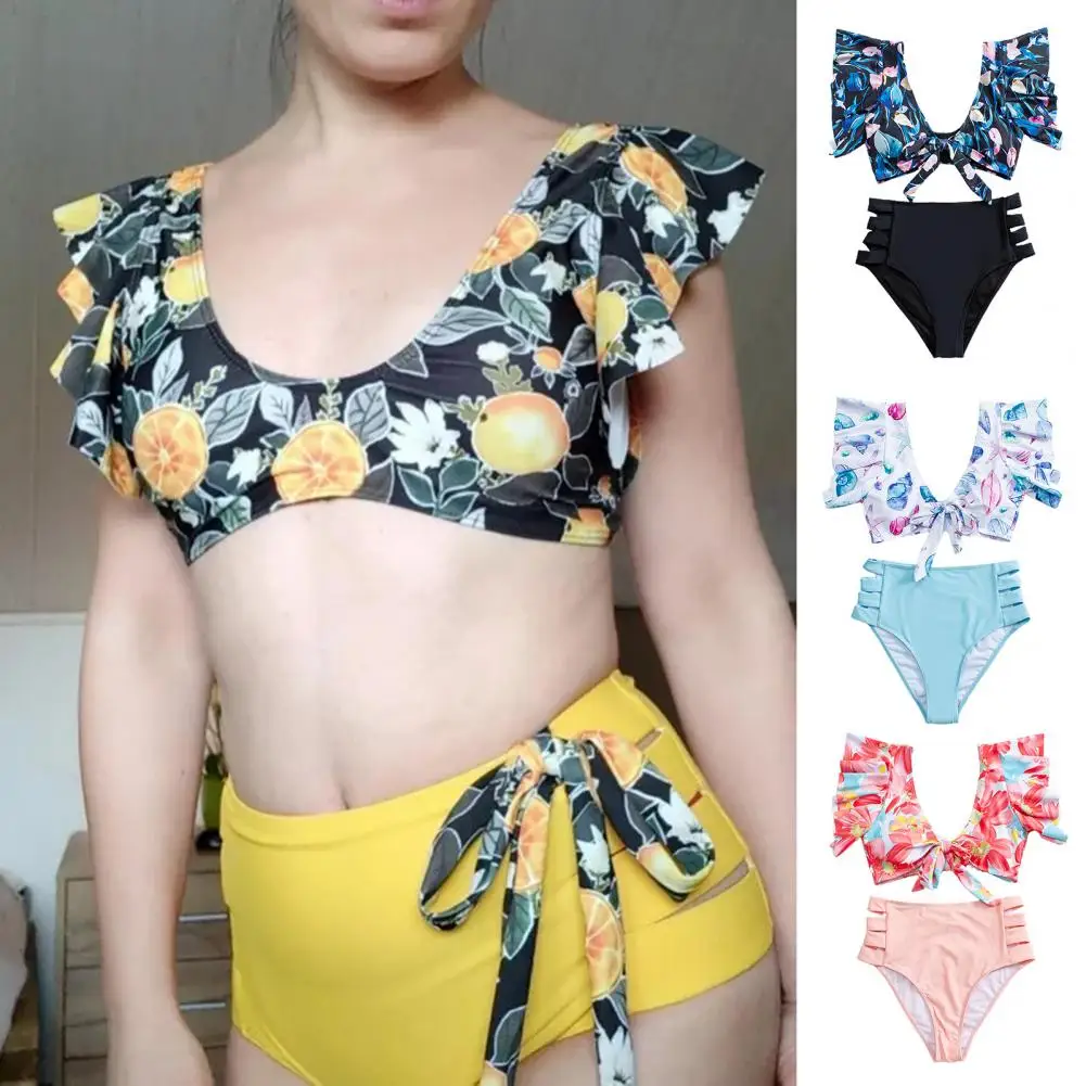 Lady Swimwear Flying Sleeve Ruffle Hollowed-out High Waist Floral Print Summer Female Swimsuit for Pool Party