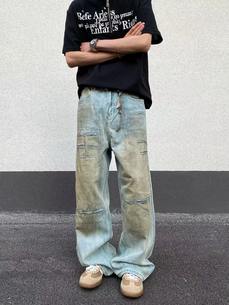 

American Retro Waed Men's Loose Wide Leg High Street Dir Jeans Youth ular Long Pants Straight Tube Loose Fit Jeans