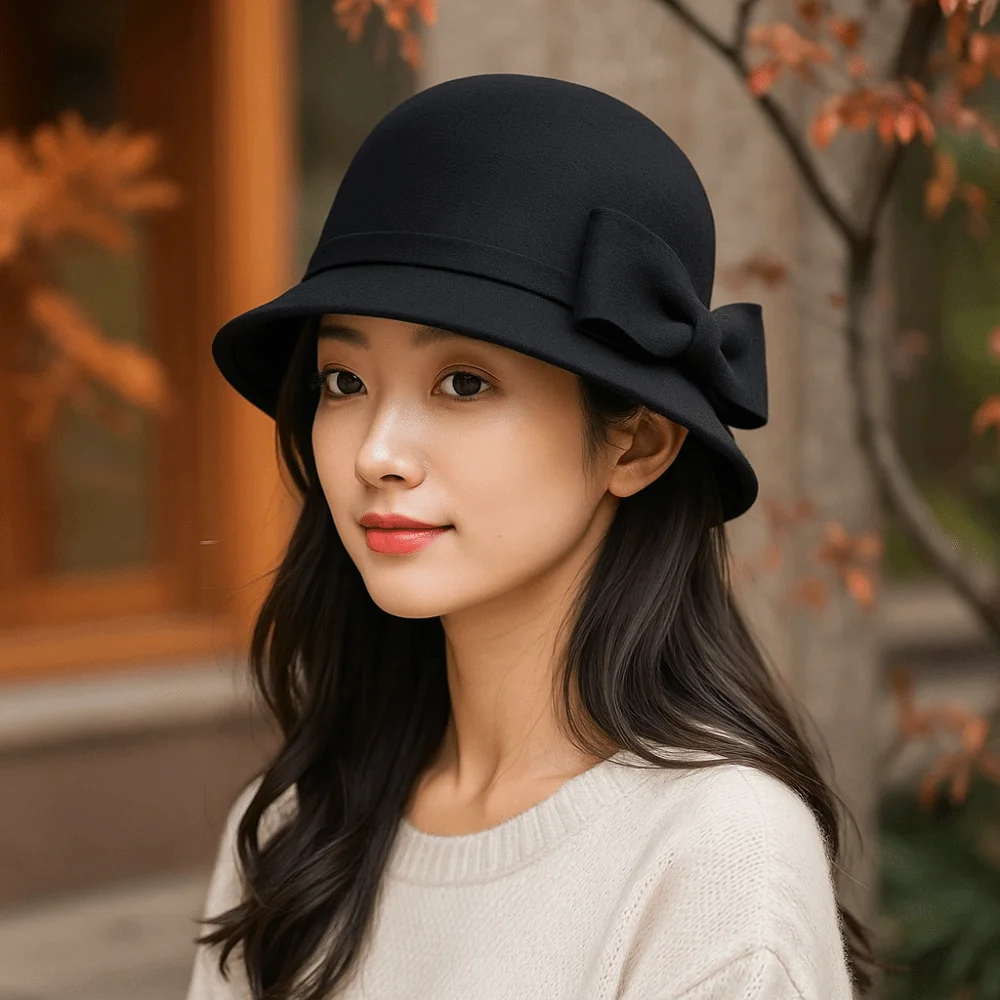 

Vintage Solid Color Bow Topper Hat Keep Warm Flat-top Women Fisherman Hat Black French Style Woolen Bucket Hat Autumn Winter
