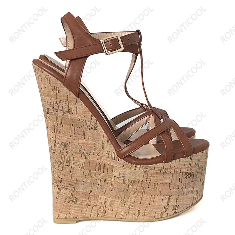 Ronticool Handmade Women T-strap Sandals Ultra High Wedges Heels Round Toe Classics Black Dress Shoes Ladies US Plus Size 5-15