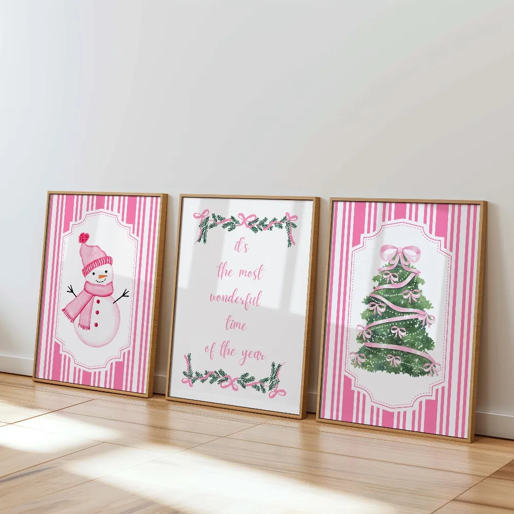 ​Frameless Christmas Tree Snowman Print Winter Wall Art Holiday Poster This Is The Best Time of The Year,Pink Striped Decoration