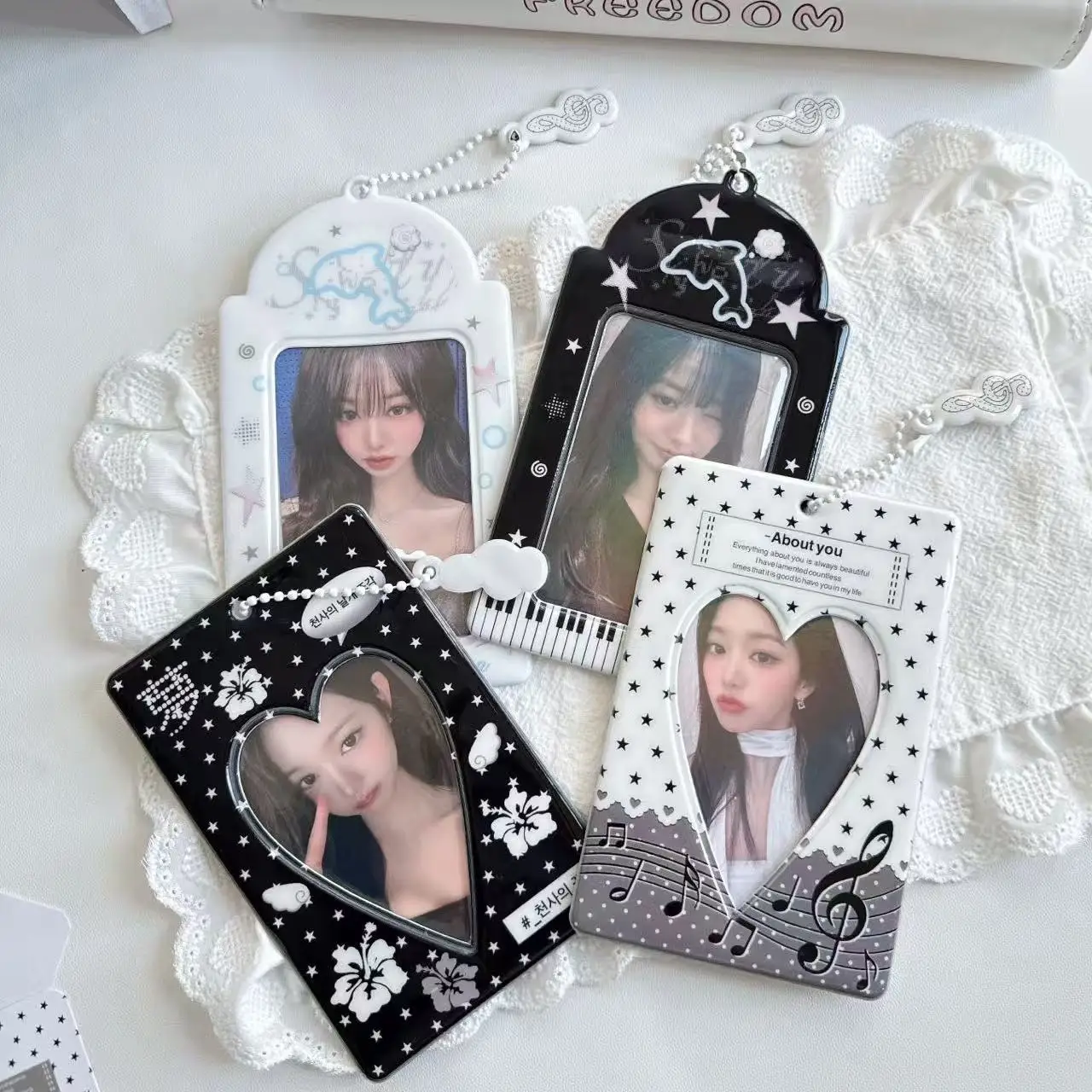 Kawaii Kpop Photocard Holder Cute Heart Dolphin Piano Design ID Card Keychain Case Bead Chain Y2K Star Photo Sleeve Bag Pendant