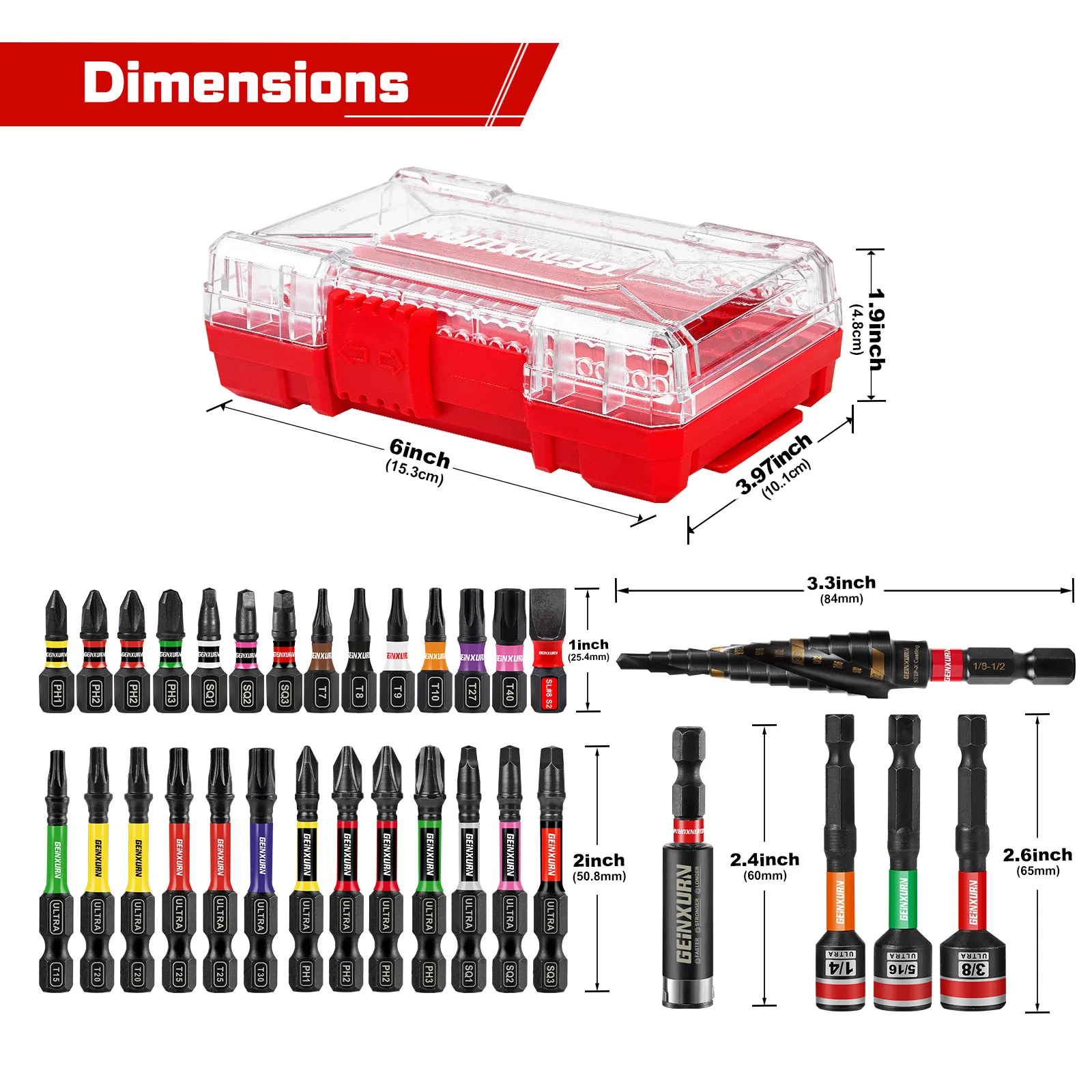Geinxurn 32PCS Screwdriver Bits Set, Magnetic S2 Steel 1”/2'' PH/SQ/Torx Impact Bit Holder and Nut Driver with Red Box Case