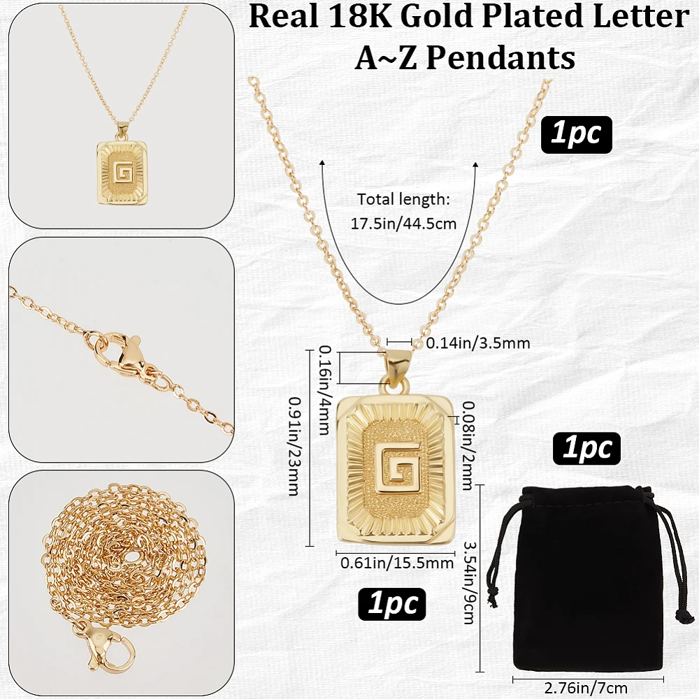 1 Box 1Pc English Letter G Necklaces 18K Gold Plated Brass Monogram Name Necklaces with Rectangle Velvet Pouches for Men Women
