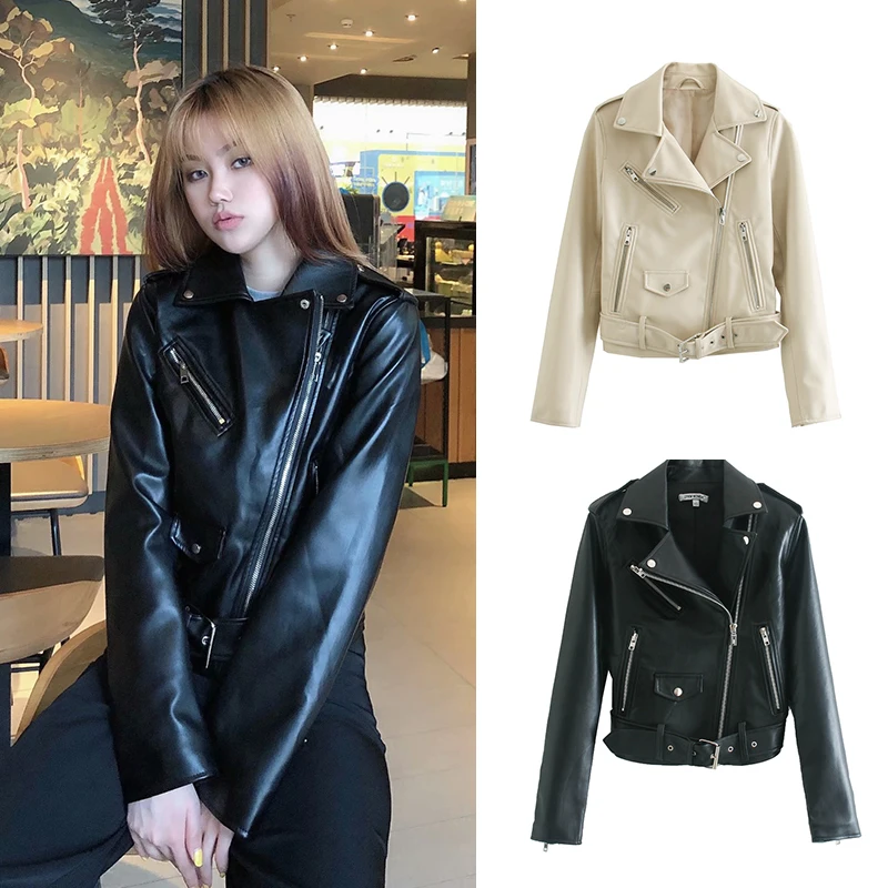 Nova motocicleta feminina sle couro falso jaet casaco fecho de zíper comprimento ort fino ajuste design commute faion