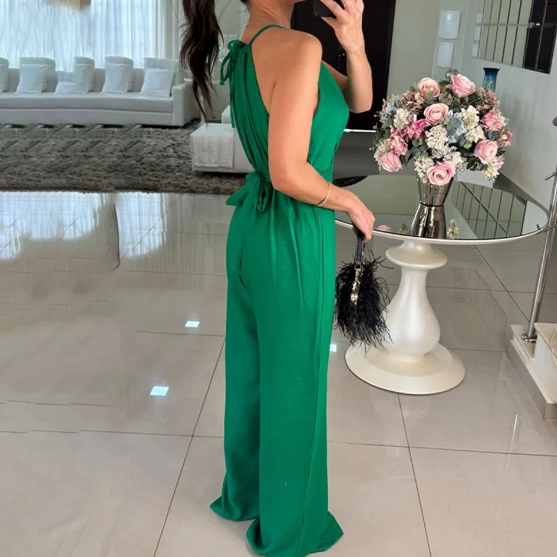 Summer Sexy One-shoulder Lace-up Women Jumpsuit Sleeveless Casual Commuting Romper Ladies High Waist Solid Color Loose Overalls