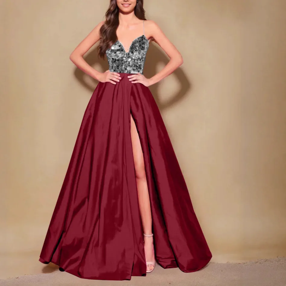 2025 جديد مزدوج اللون الترتر سبليت مثير خارج على الكتف العميق الخامس الرقبة الكرة ثوب مساء اللباس