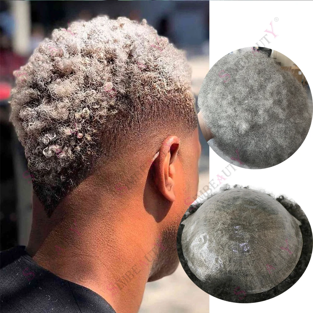 

6mm Tight Curly Afro Men's Toupee Black Grey 1B80 1B50 African American Human Hair Durable Skin Invisible Transparent PU Prosthe