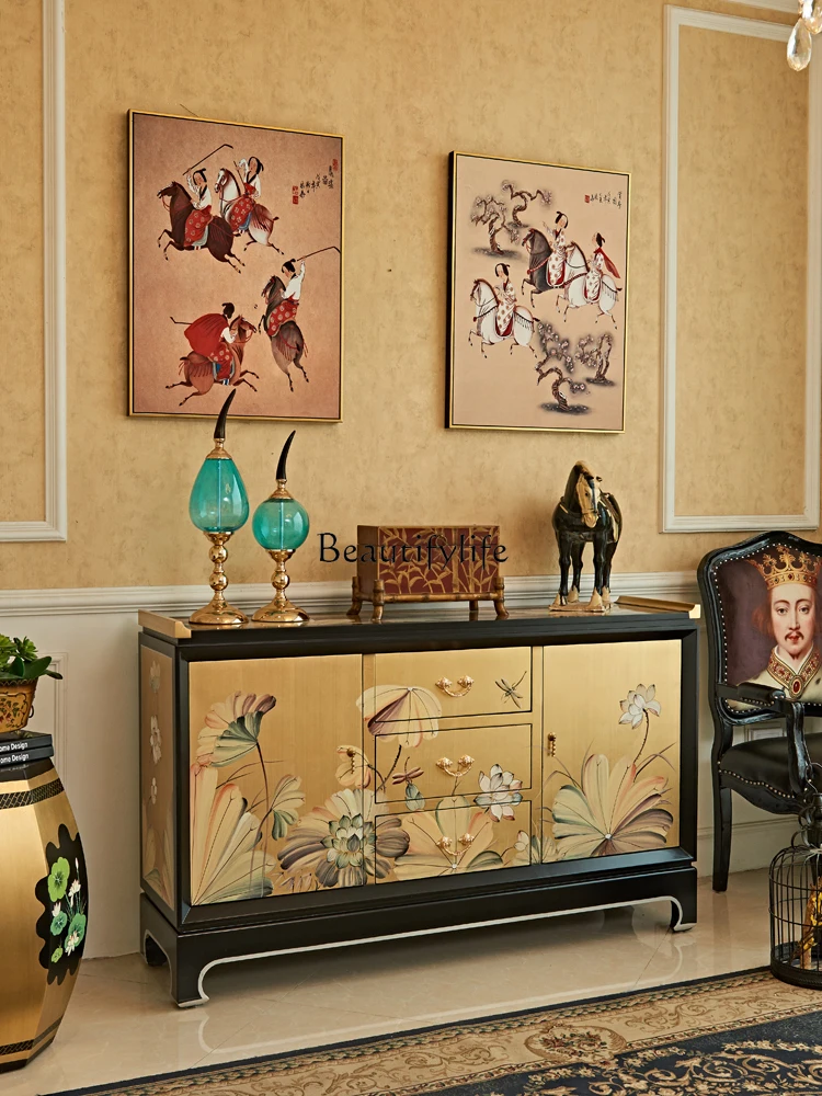 

Gold Foil Painted Lotus New Chinese American Style Living Room Entrance Curio Cabinet Storage Shoe Cabinet