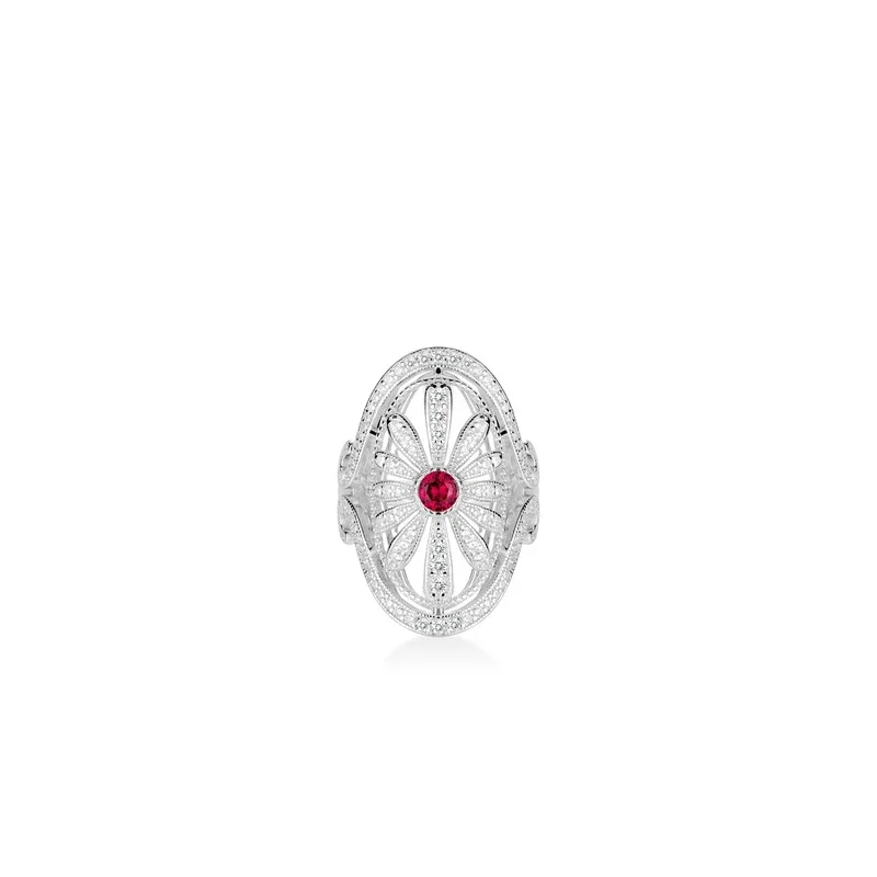 BELLUX 925 Silver Synthetic Zircon Ring Red Dot Daisy Petals Spider Web Fashion Versatile Flower Ring
