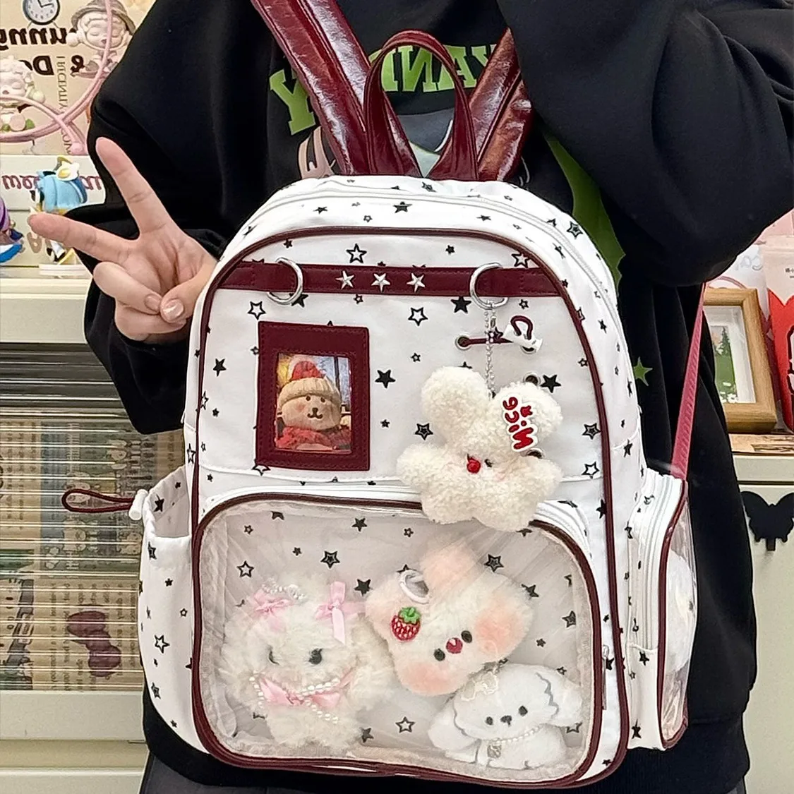 Japanese Star Printed Transparent Ita Backpack Three Colors Retro Lace Up Design Doll Badge Storage Anime Girls School Rucksack