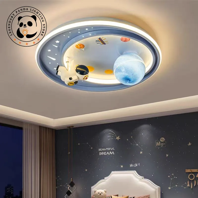 criativo rodada led luz de teto lua astronauta lampada pingente cartoon eye care criancas bebe azul rosa boy room decoracao chandelier 01