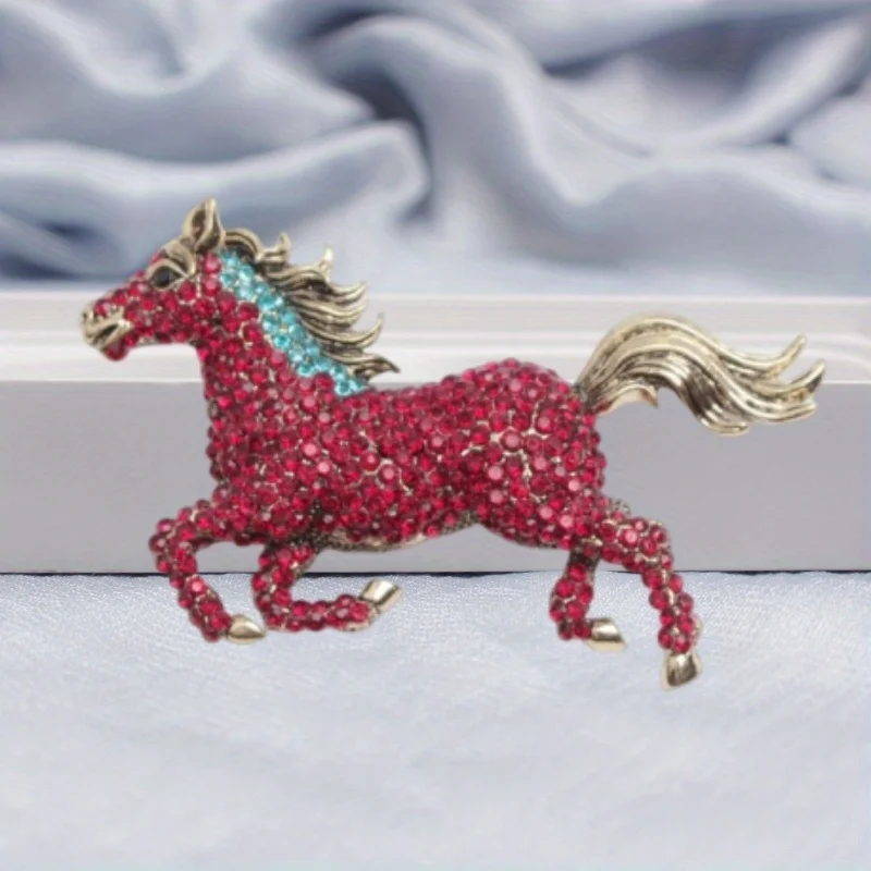 Large Rhinestone Inlaid Enamel Horse Brooch for Women and Men\'s Trend Alloy Hard Animal Brooch for Casual Office Jewelry Gifts