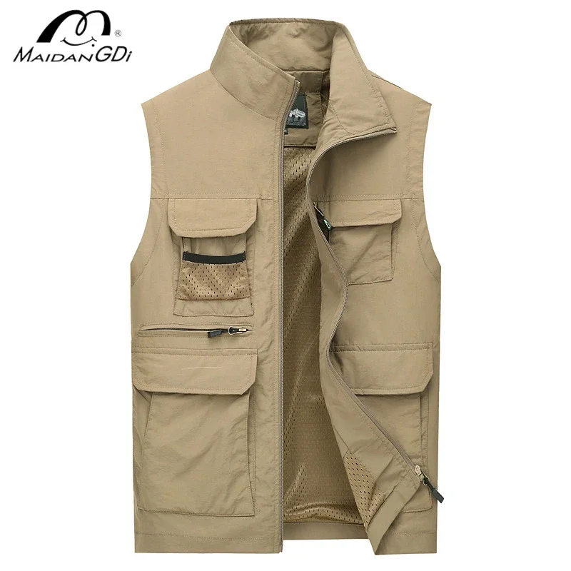 MAIDANGDI Leisure Multi Pocket Quick Drying Vest for Men's Mesh Fishing Photography High-quality Camisole Sleeveless Solid Color