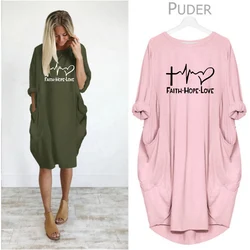 Women's Spring and Autumn FAITH HOPE LOVE Letter Print Loose Leisure Round Neck Long Sleeves Plus Size Pocket Dress