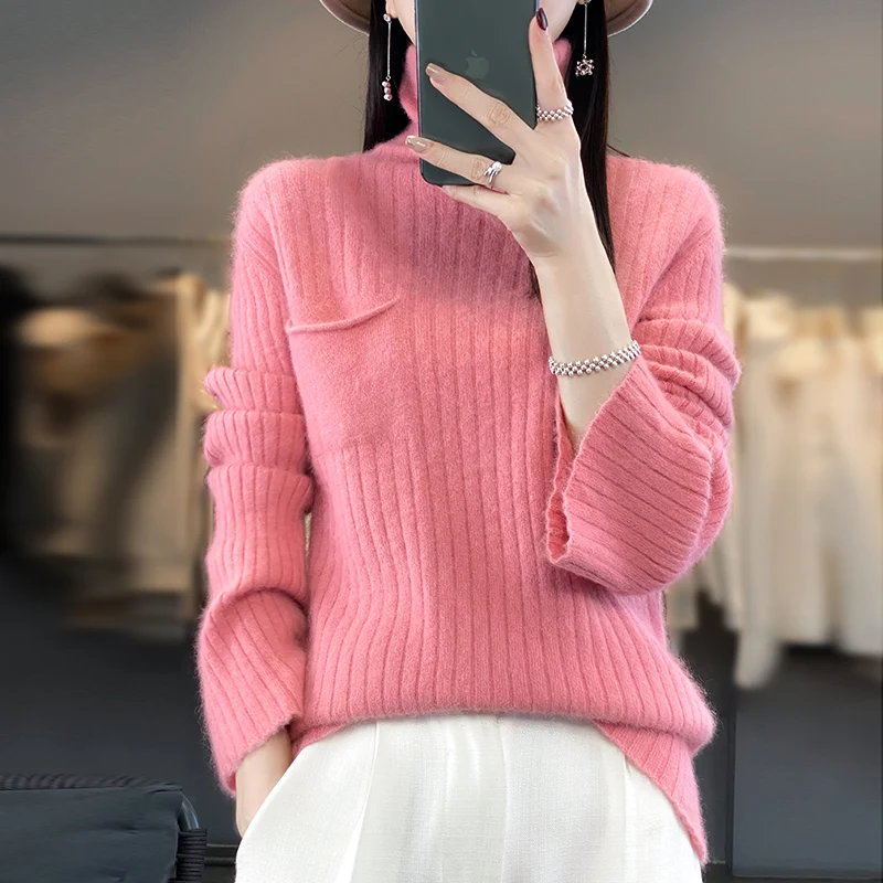 Ltalian Designer! Pure Mink Cashmere Sweater Women, Sweter z dzianiny z wysokim kołnierzem, Szeroki pasek Duży rozmiar Długie rękawy, Jesień, Gorąca