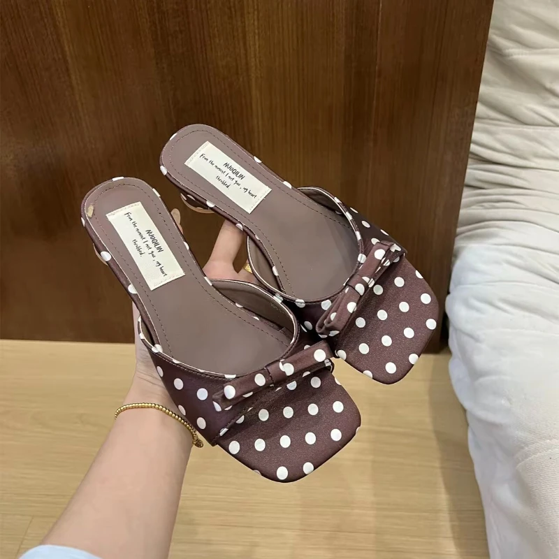 

Sweet Polka Dot Summer Open Toe Women Slippers Concise Thick Low Heel Dress Shoes Outdoor Beach Vacation Slides Shoes