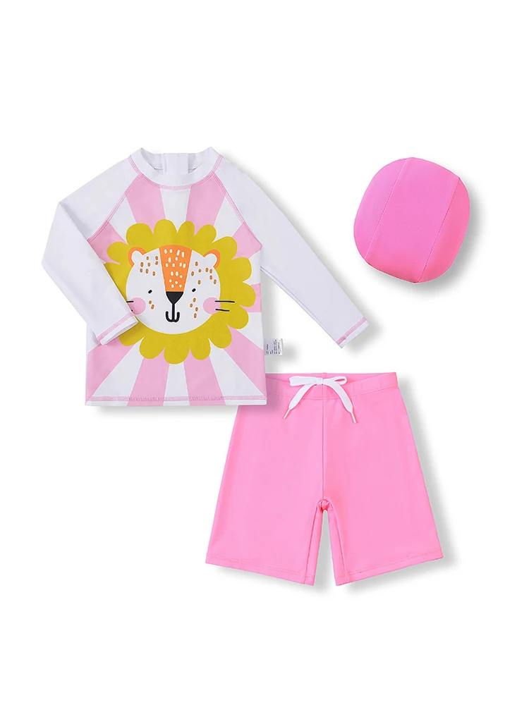 

2024 Children Pink Sunflower Lion Split Body 3-Piece Set Swimming Set Girl Sun Protection With A Hat Hot Spring Swimsuit