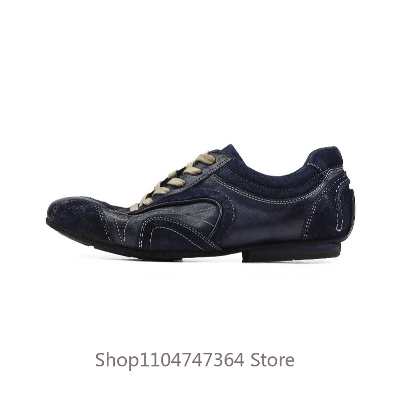 Vintage Handmade Stitching Lace‑Up Low‑top Boxing Casual Shoes Men's Genuine Leather Youth Outdoor Walking Sport Leather Shoes