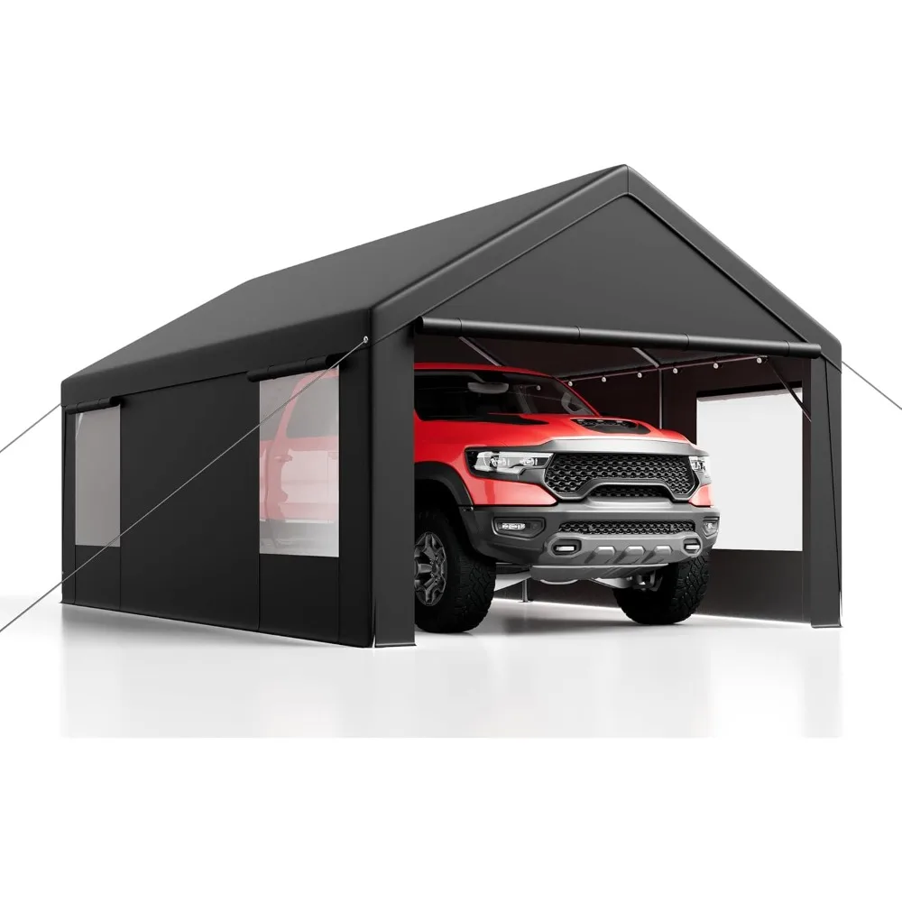 

12'x 20' Heavy Duty Carport with Roll-up Ventilated Windows, Portable Garage with Removable Sidewalls & Doors for Car, Grey