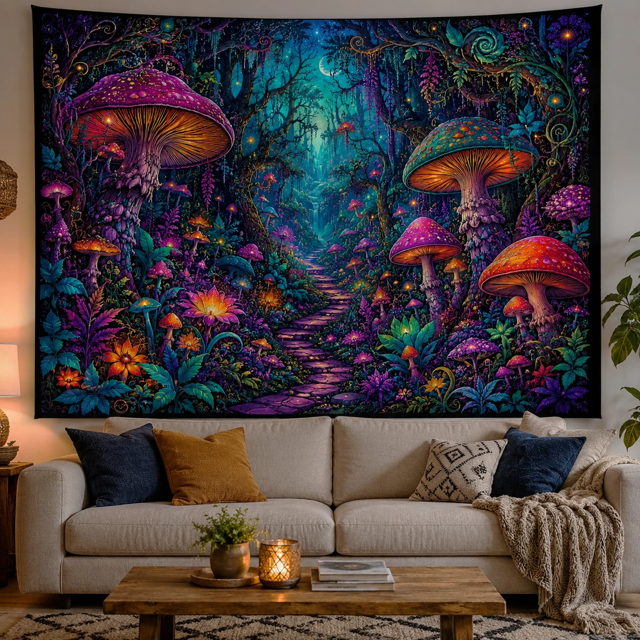 Neon Magic Mushrooms Tapestry Wall Hanging Gothic Fantasy Forest Large Fabric Wall Art Tapestries Boho Aesthetic Decor for Home