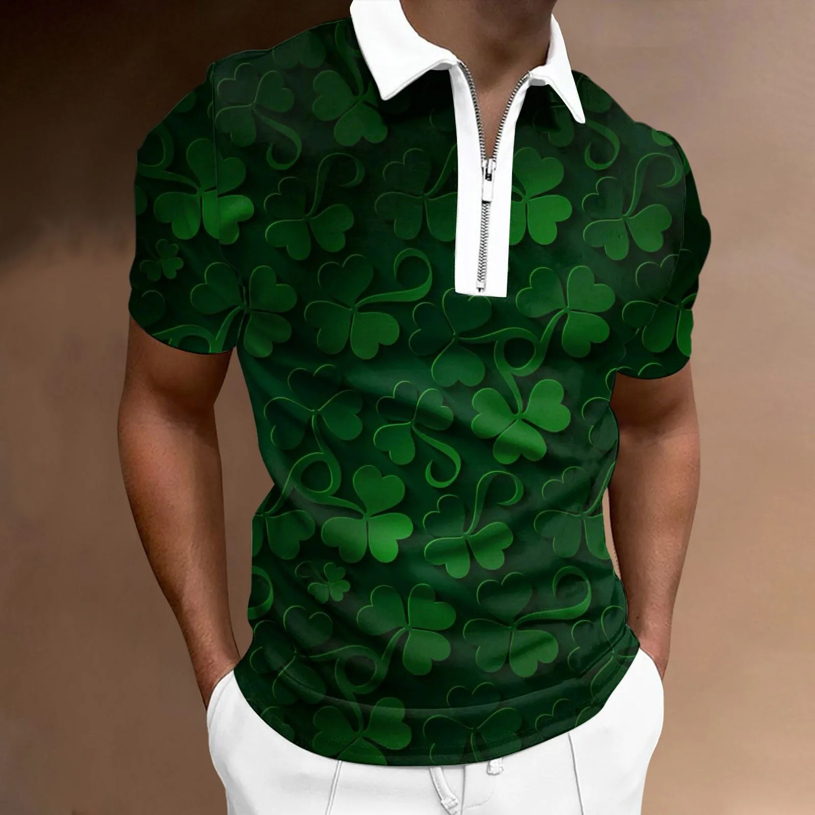 Mens Printing Tees Lapel Half Zipper Short Sleeve T-Shirt Man Top Clothes St Patricks Day Sport Outdoor Sportswear Summer