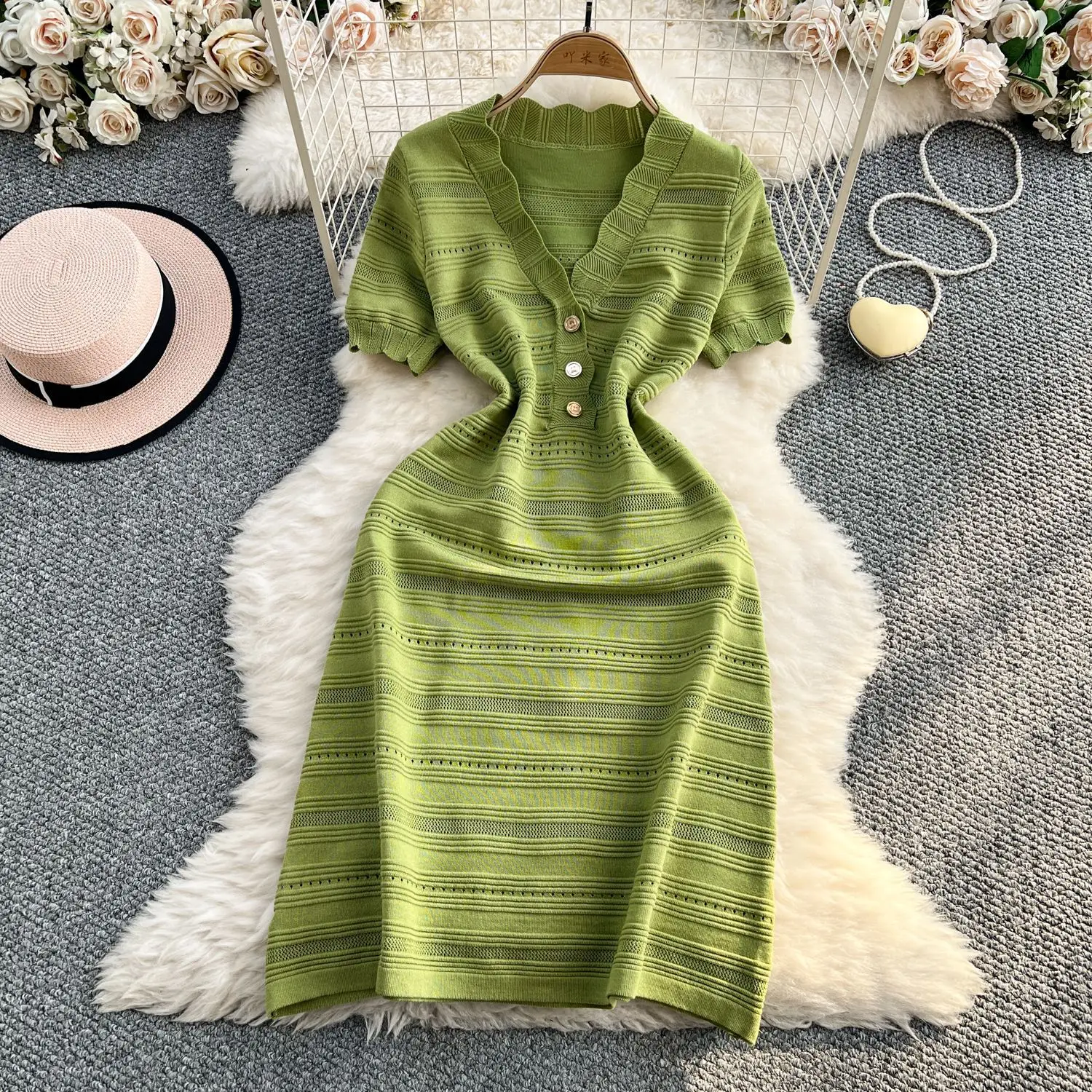 

Mid Length Dress Women Dresses Knitted Vestidos Streetwear V Neck Short Sleeve Elegant Splice Y2k Work Slim Fit Summer 2025