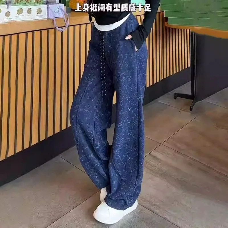 Pantalon de survêtement chaud et décontracté pour femme, en forme de poire, teint par nouage, polaire, grande taille, amincissant, jambes larges, coupe incurvée, automne hiver