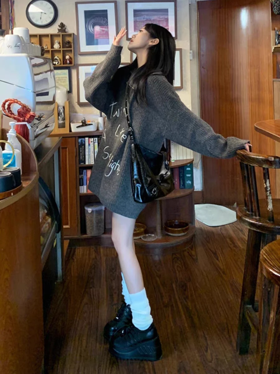 

Ele High-Ne Oversized Sweater Women's Autumn Winter Mid-Length Zipper f-Open Knitted Pullover Woolen Long Sve