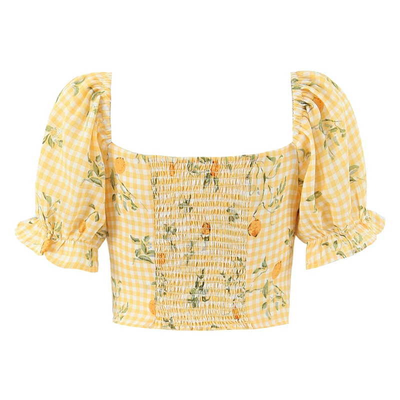 KEYANKETIAN 2026 Summer Romantic French Floral Crop Top Slim Fit Square Neck, Puff Sleeves & Sweet style Drawstring Bust Shirt