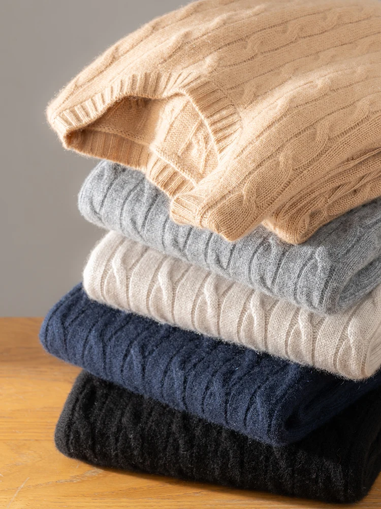 2025 Men's 100% Cashmere Cable Knit Sweater Autumn Winter O-neck Thick Long Sleeve Pullover Smart Casual Cashmere Knitwear Tops