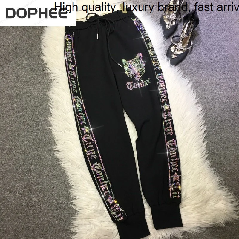 

Blingbling Letters Luxury Hot Drilling Women Sweatpants Elastic High Waist Black Long Trousers Bind Feet Streetwear Sport Pants