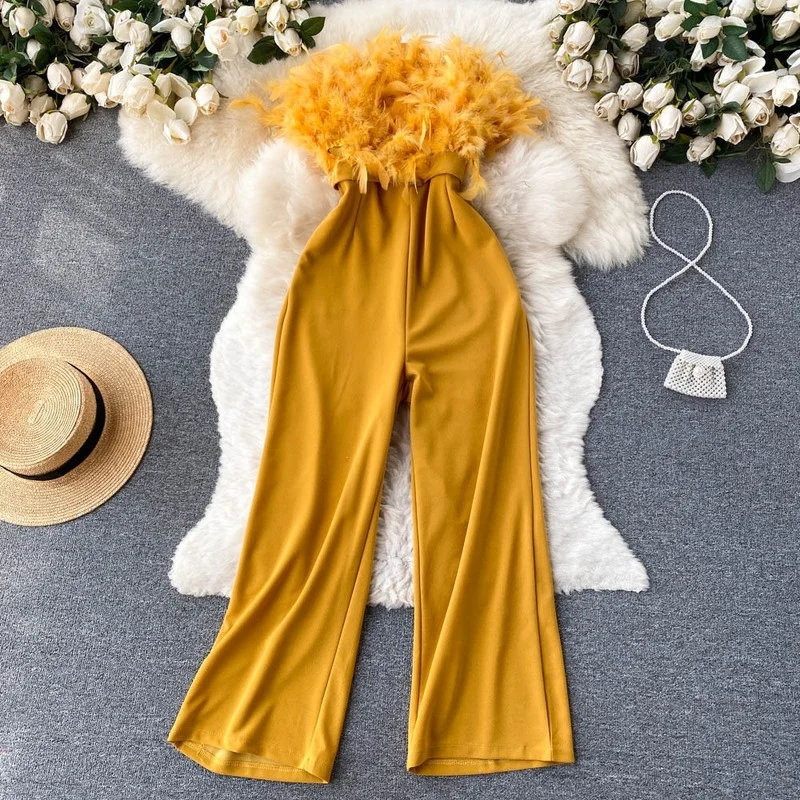 Lông Jumpsuit Nữ Mùa Hè Rời Cổ Y2k Thời Trang Quần Romper Áo Liền Quần Nữ Nữ Gợi Cảm Ống Quần Áo Bodycon Quần Áo