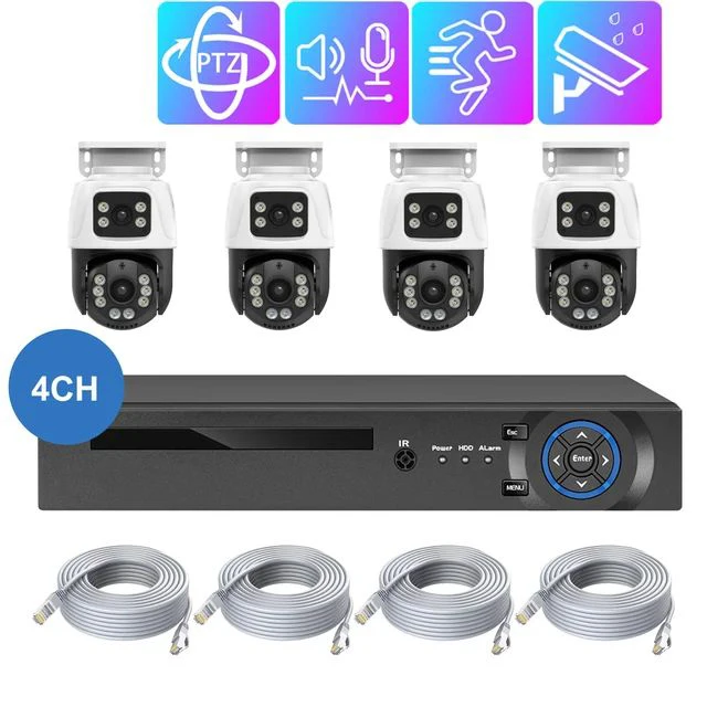 4CH 6MP POE Dual Lens PTZ CCTV Camera Kit Network Poe Nvr Kit Auto Tracking 4CH PTZ POE Dual Lens Security Camera System