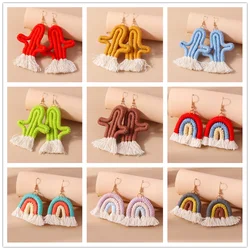 Aihua Handmade Knitted Rainbow Cactus Earrings for Women Girls Lovely Crocheted Desert Green Plant Earrings Summer Jewelry Gifts