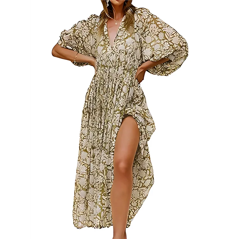 

FX-Женские свободные повседневные летние платья миди с v-образным вырезом на шнуровке и половиной рукавов в богемном стиле с геометрическим узором