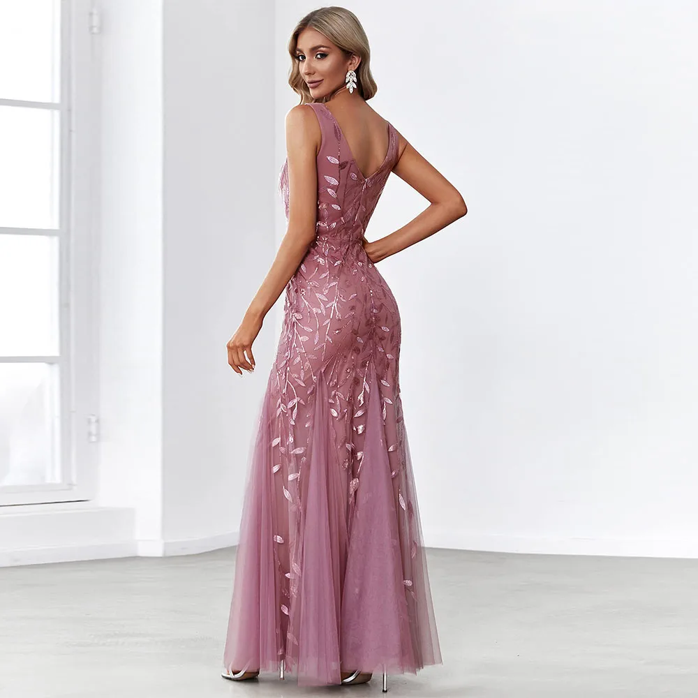 Customized Women's Formal Dress Sequin Tulle Double V-Neck Mother of The Bride Dress Sleeveless Mermaid Long Evening Dress