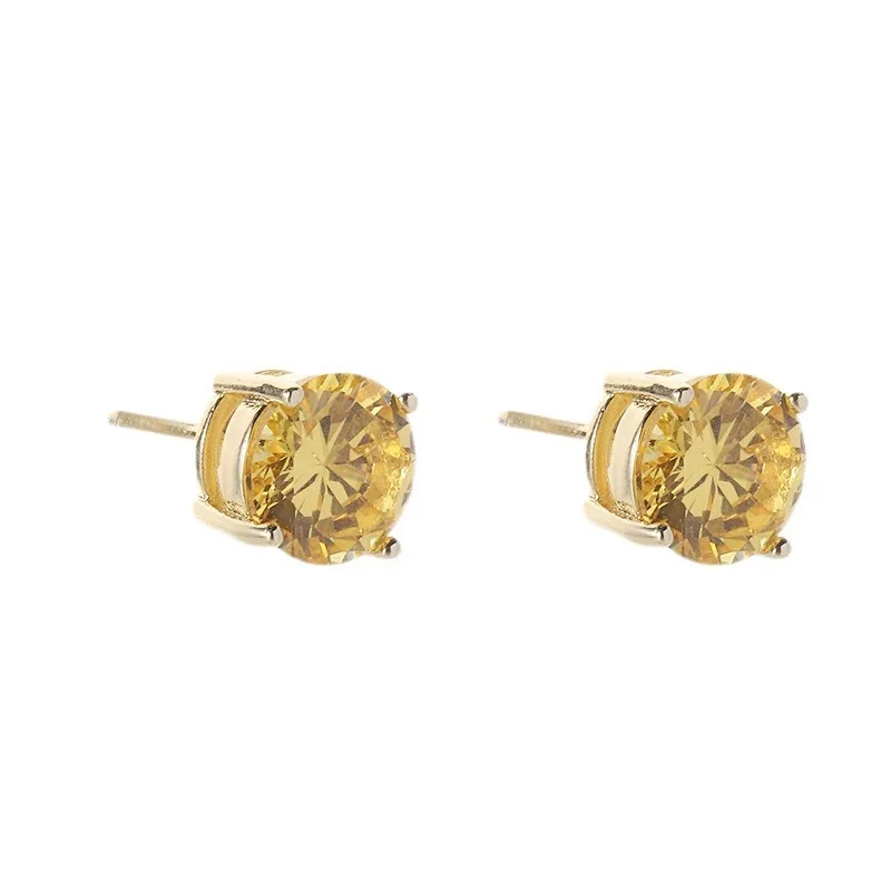 Yellow Crystal Round Stone Earrings Classic Four Claw Small Stud Earring For Women Vintage Fashion Gold Color Birthstone Jewelry