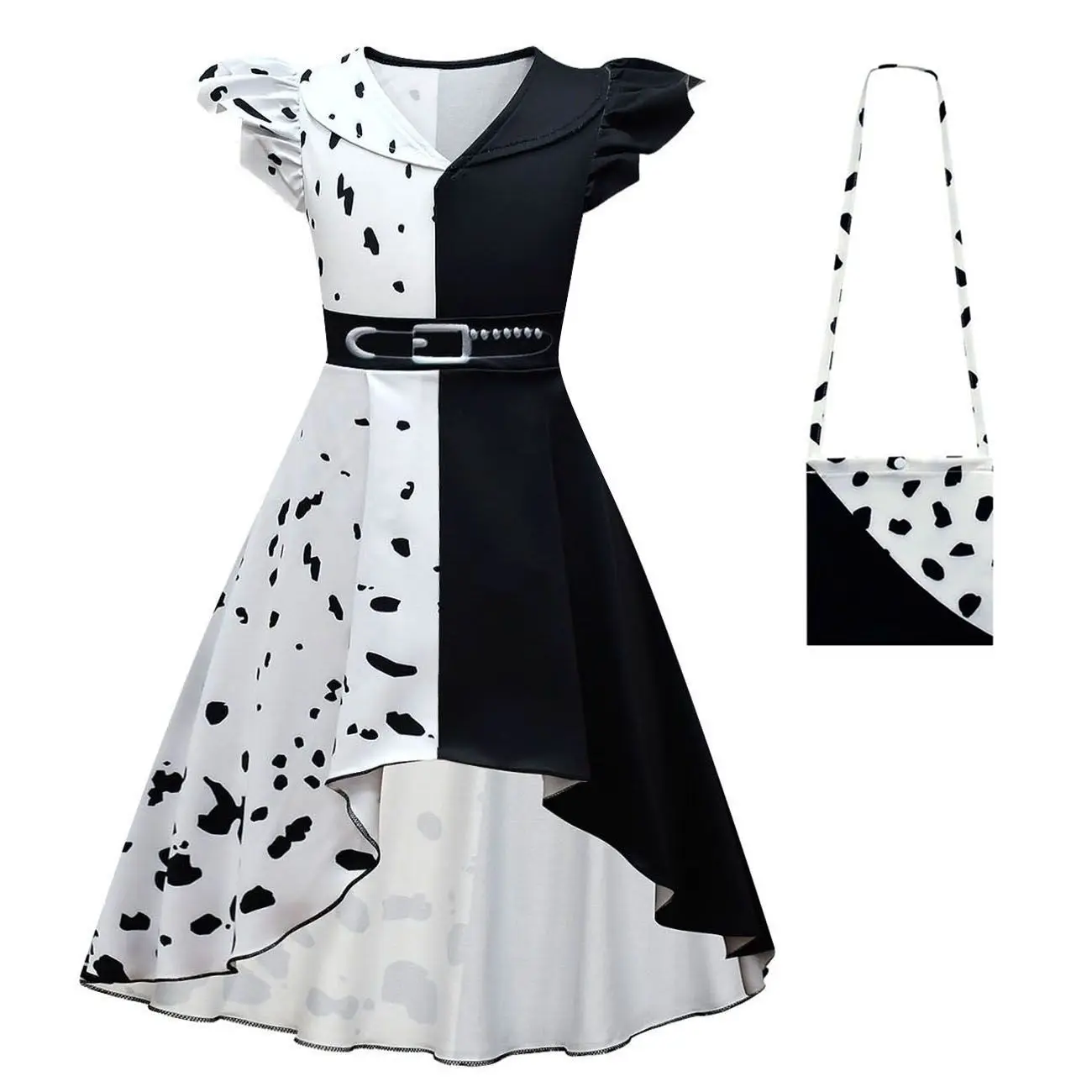 Girls Cruella Deville Costume Kids Movie 101 Black Dalmatian Dress with Bag Wig Suits Baby Girl Halloween Cosplay Party Dress Up